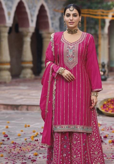 Pink Embroidered chiffon Kurta Set