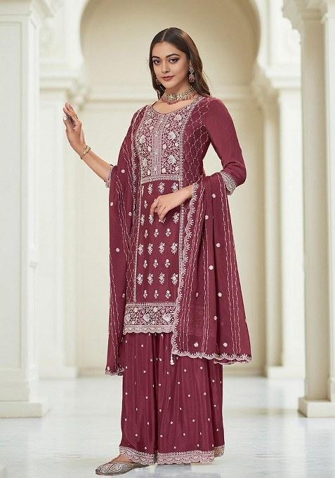 Wine Embroidered chiffon Kurta Set