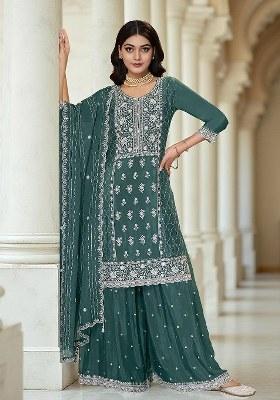 Green Embroidered chiffon Kurta Set