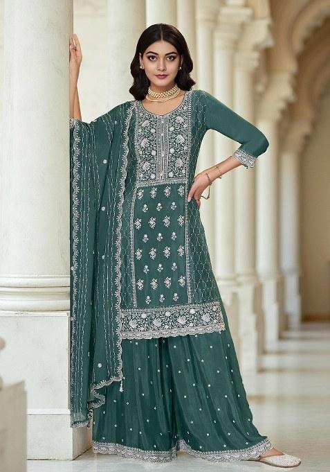 Green Embroidered chiffon Kurta Set