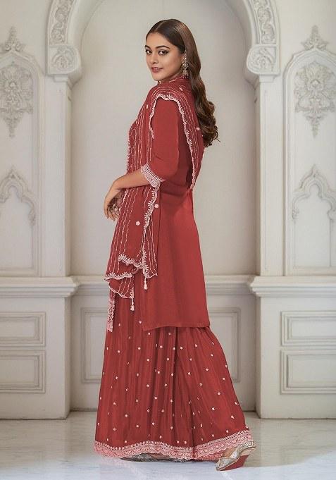 Brown Embroidered chiffon Kurta Set