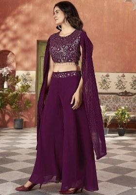 Purple Embroidered Georgette Kurta Set