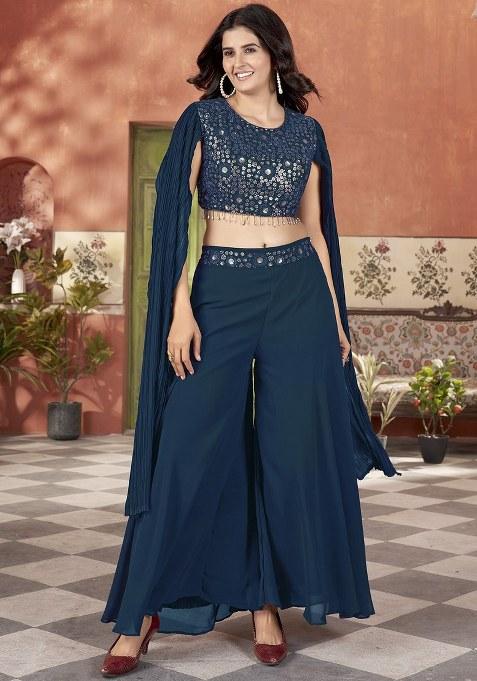 Blue Embroidered Georgette Kurta Set