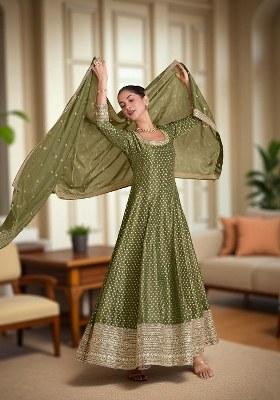 Green Embroidered Viscose Anarkali Set