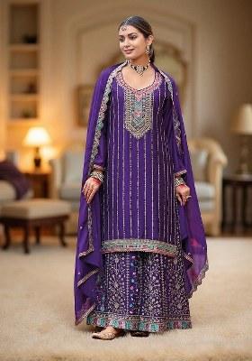 Purple Embroidered chiffon Salwar Kameez