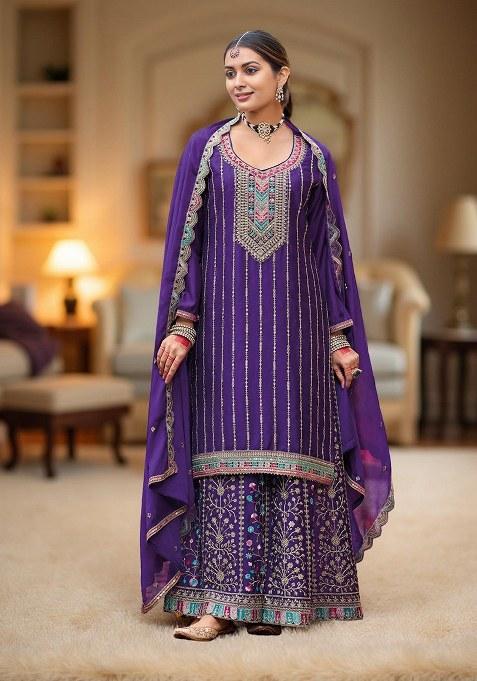 Purple Embroidered chiffon Salwar Kameez