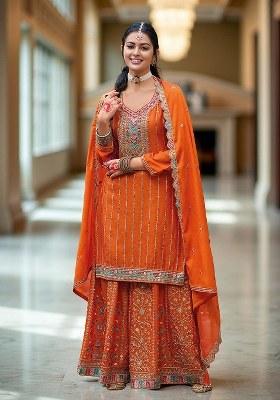 Orange Embroidered chiffon Salwar Kameez