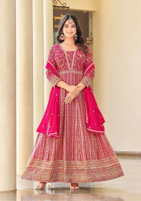 Pink Embroidered Georgette Anarkali With Dupatta