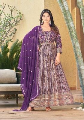 Purple Embroidered Georgette Anarkali Set