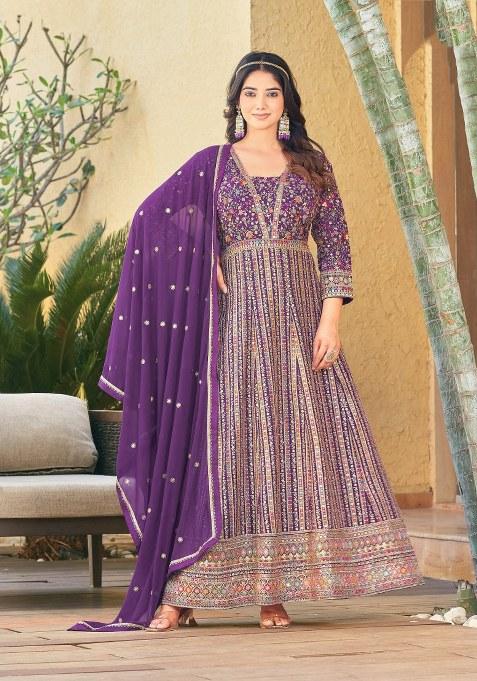 Purple Embroidered Georgette Anarkali Set
