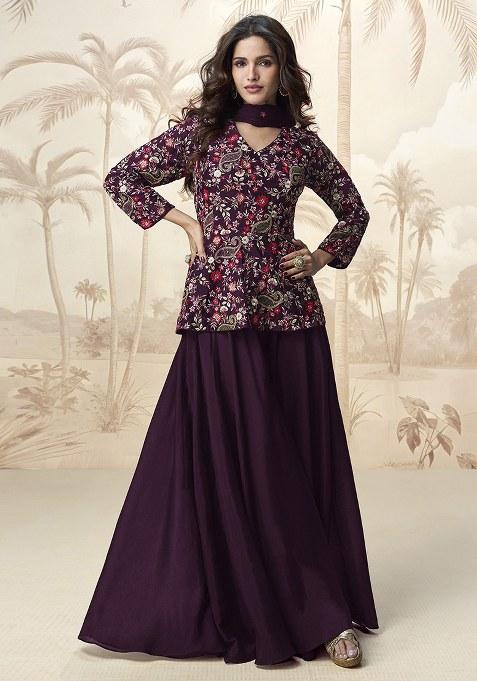 Purple Embroidered Blended Kurta Set