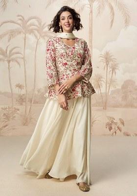 White Embroidered Blended Kurta Set