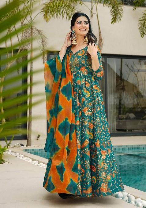 Blue Embroidered Blended Gown With Dupatta