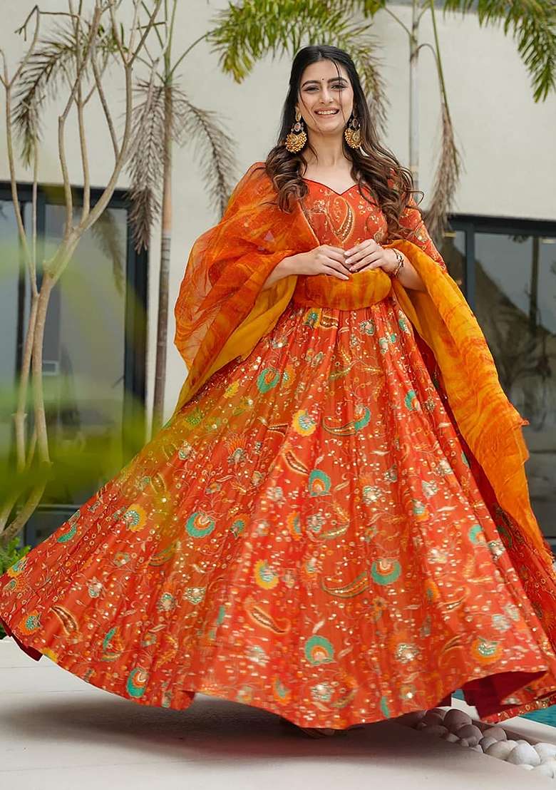 Orange Printed Blended Anarkali Set - Indya