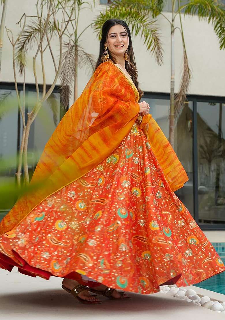 Orange Printed Blended Anarkali Set - Indya