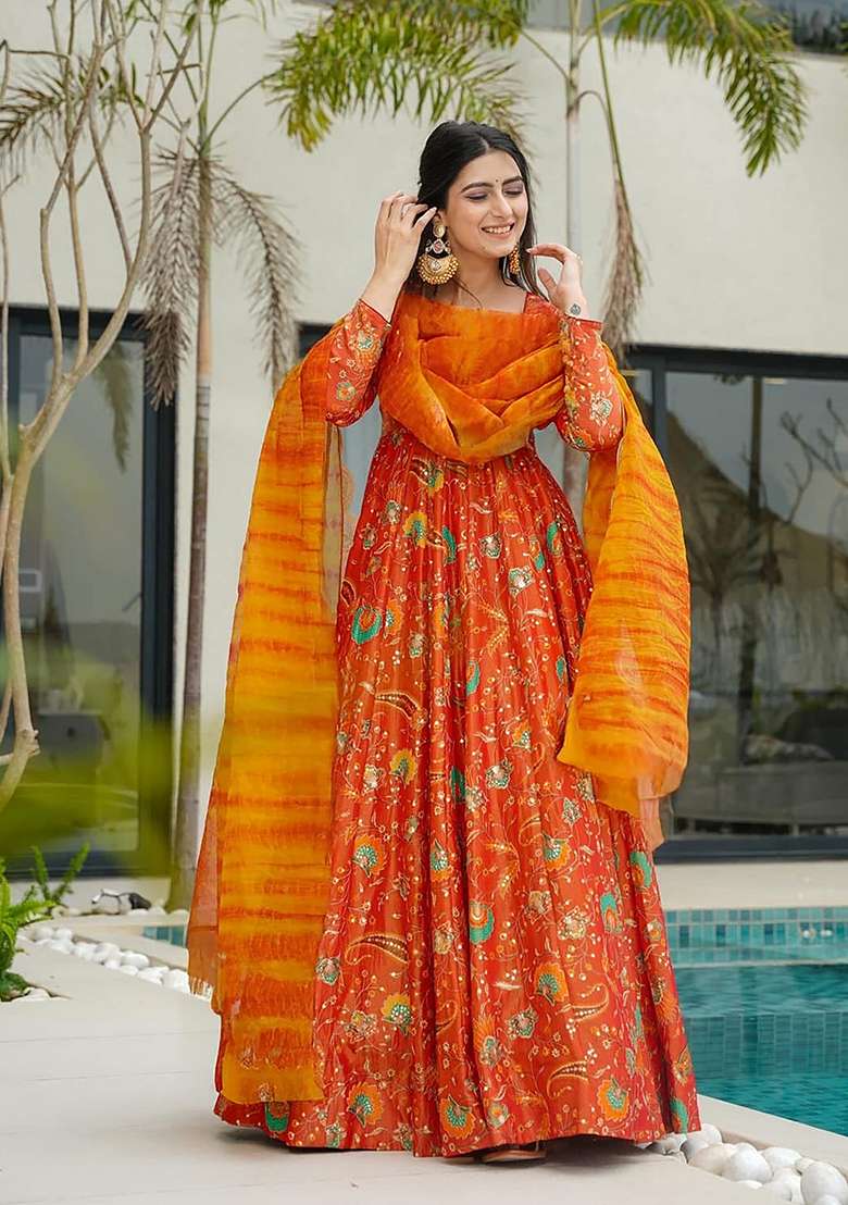 Orange Printed Blended Anarkali Set - Indya