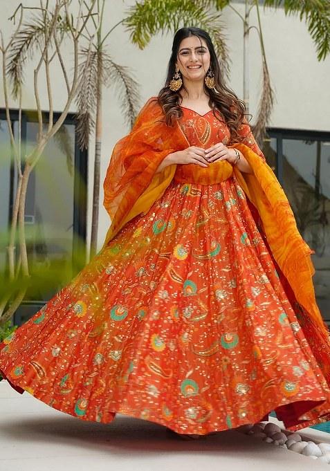 Orange Embroidered Blended Gown With Dupatta