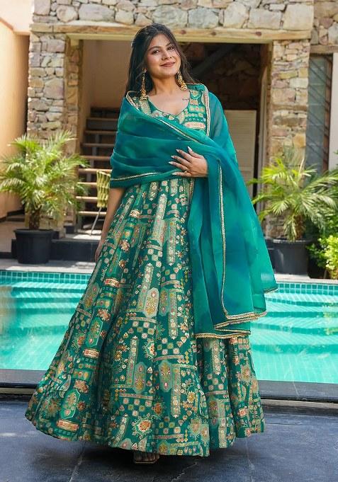 Green Embroidered Blended Gown With Dupatta