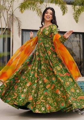 Green Embroidered Blended Gown With Dupatta
