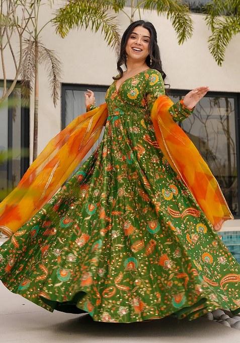 Green Embroidered Blended Gown With Dupatta