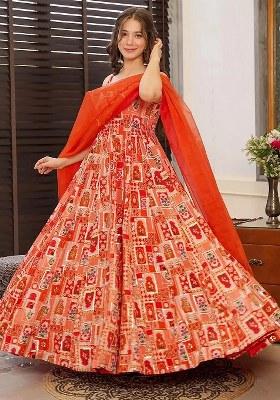 Brown Embroidered Blended Gown With Dupatta