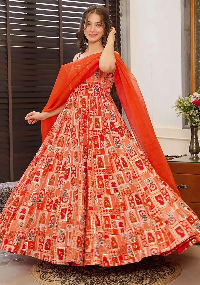 Brown Printed Blended Anarkali Set - Indya