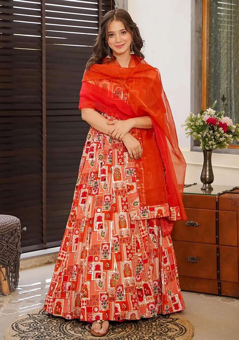 Brown Printed Blended Anarkali Set - Indya