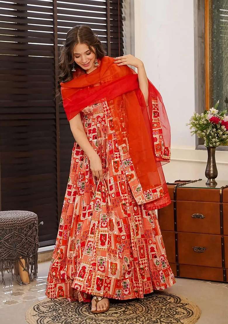 Brown Printed Blended Anarkali Set - Indya