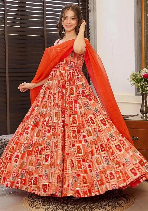 Brown Embroidered Blended Gown With Dupatta