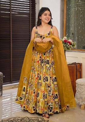 Olive Embroidered Blended Gown With Dupatta