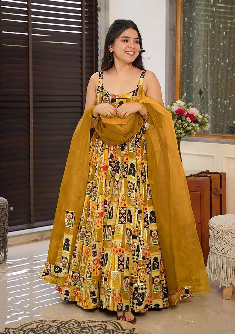 Olive Printed Blended Anarkali Set - Indya
