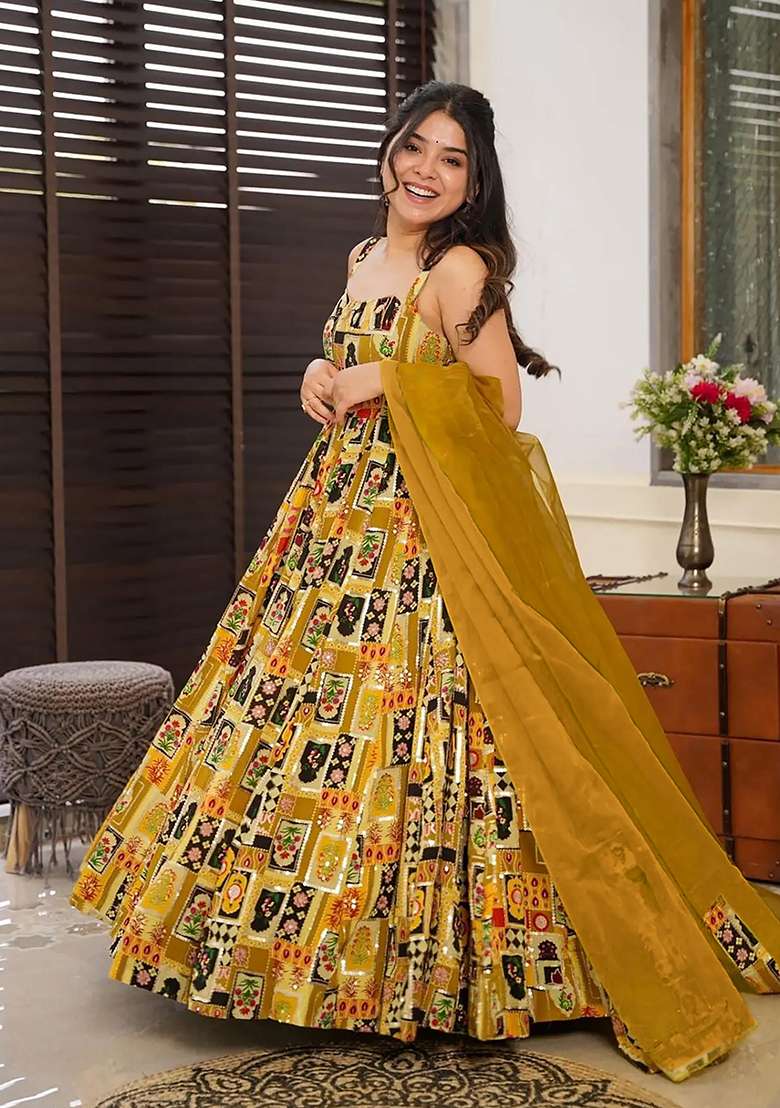 Olive Printed Blended Anarkali Set - Indya
