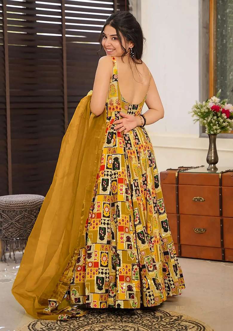 Olive Printed Blended Anarkali Set - Indya