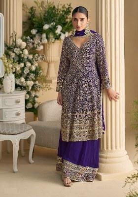 Purple Embroidered Blended Kurta Set