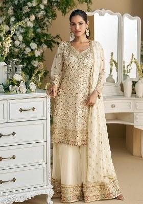 White Embroidered Blended Kurta Set