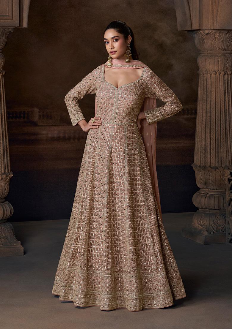 Peach Embroidered Blended Kurta With Dupatta