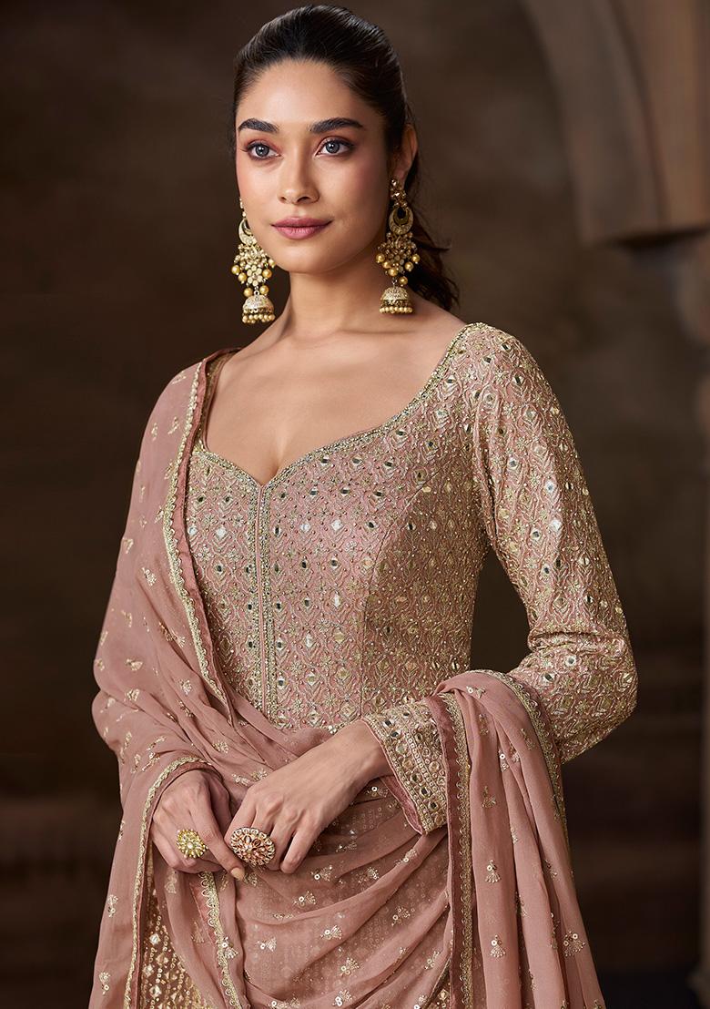 Peach Embroidered Blended Kurta With Dupatta