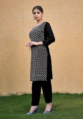 Black Embroidered Blended Kurta Set