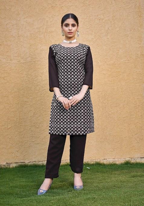 Brown Embroidered Blended Kurta Set