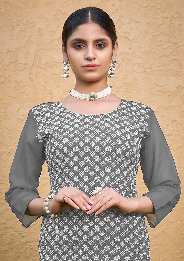 Grey Embroidered Blended Kurta Set - Indya