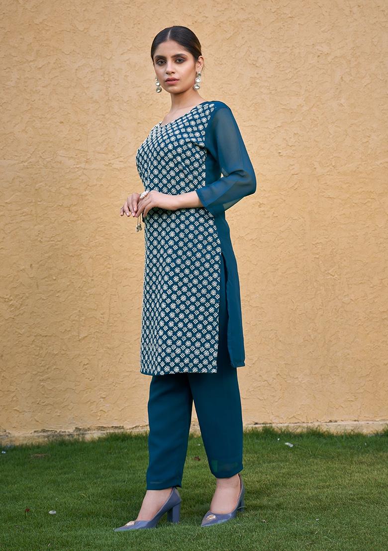Blue Embroidered Blended Kurta Set - Indya