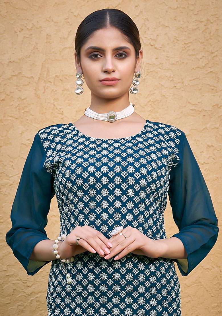 Blue Embroidered Blended Kurta Set - Indya