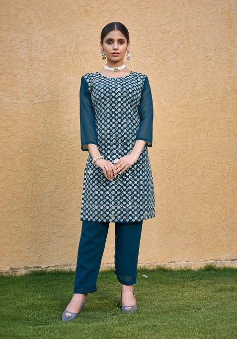 Blue Embroidered Blended Kurta Set