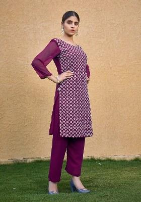 Purple Embroidered Blended Kurta Set