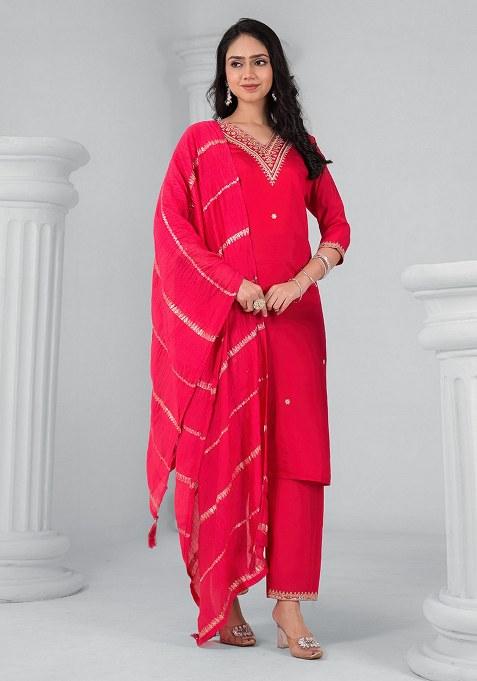 Pink Embroidered Blended Kurta Set