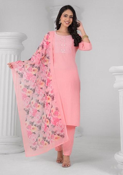 Pink Embroidered Blended Kurta Set