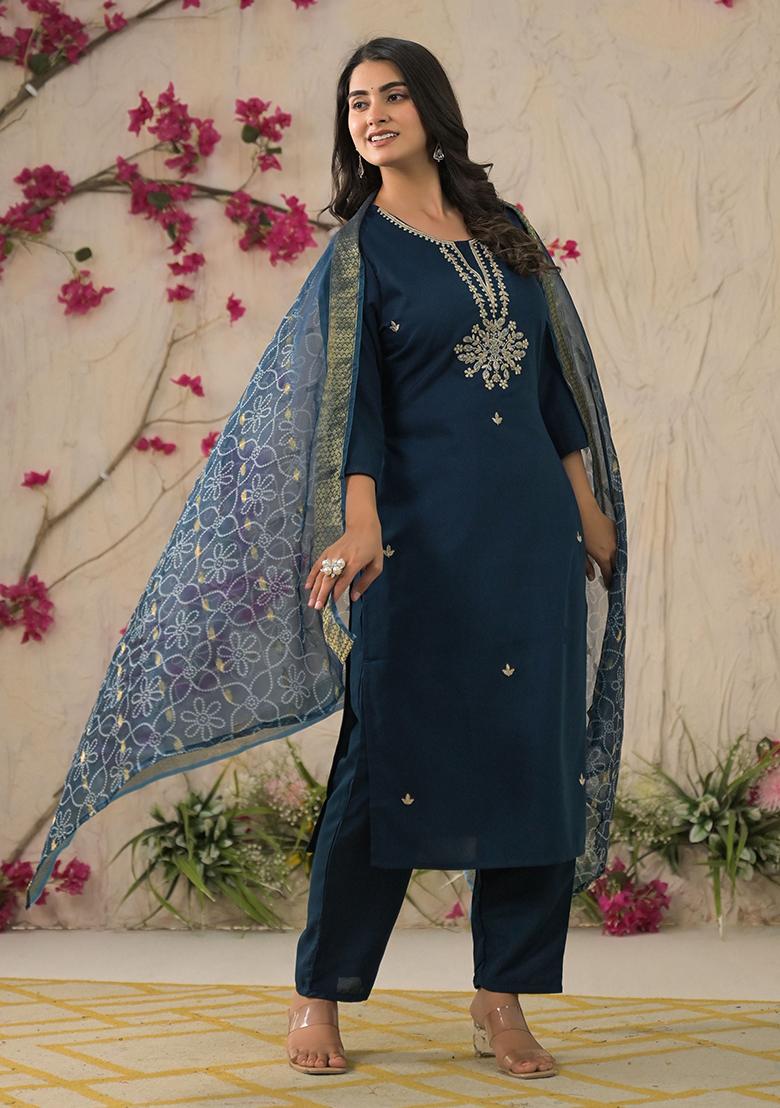 Blue Embroidered Blended Kurta Set - Indya
