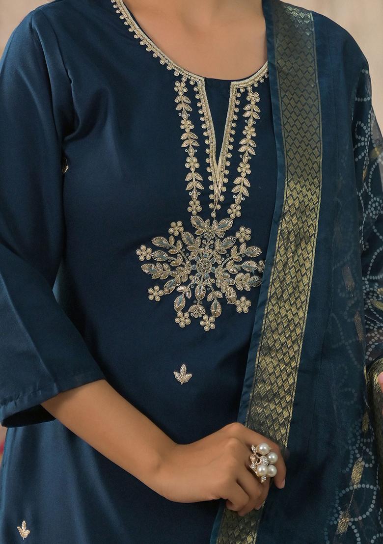Blue Embroidered Blended Kurta Set - Indya