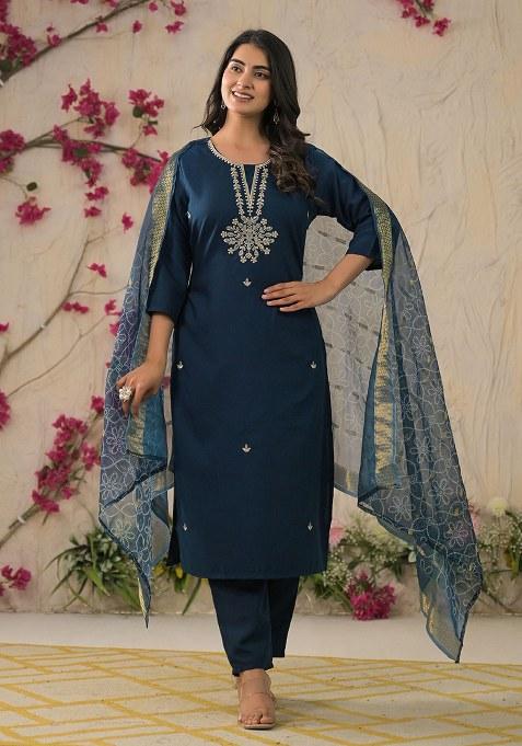 Blue Embroidered Blended Kurta Set