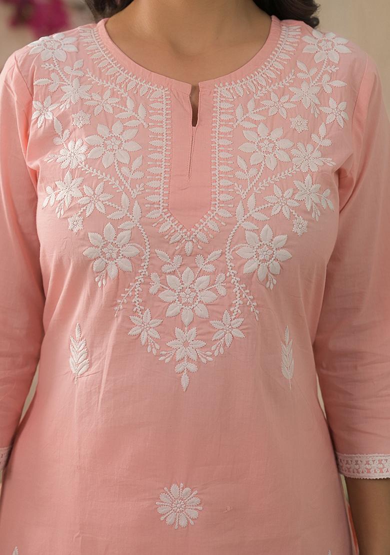Peach Embroidered Blended Kurta Set - Indya
